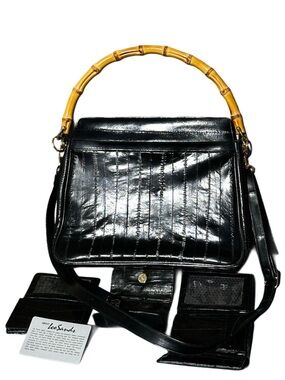 EEL SKIN 4 Piece Set Black Shoulder Bag Bamboo Top Handle wallet ID key holder